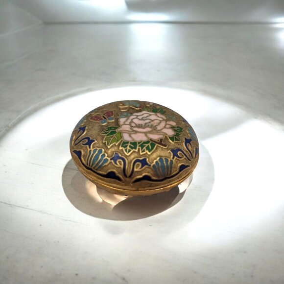 3" Vtg Chinese cloisonne enamel-on-gilt-brass round Trinket Box W Lid Flowers Bu - Picture 1 of 10